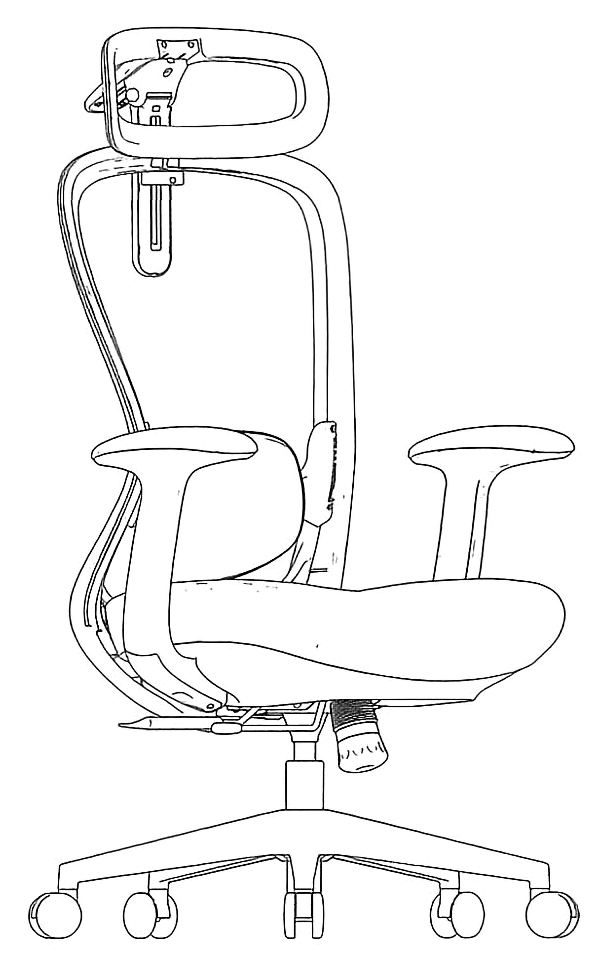 Desenho técnico da Cadeira Comfy Pulse montada, com apoio de cabeça, encosto em tela, braços ajustáveis e base de cinco pontas com rodízios.