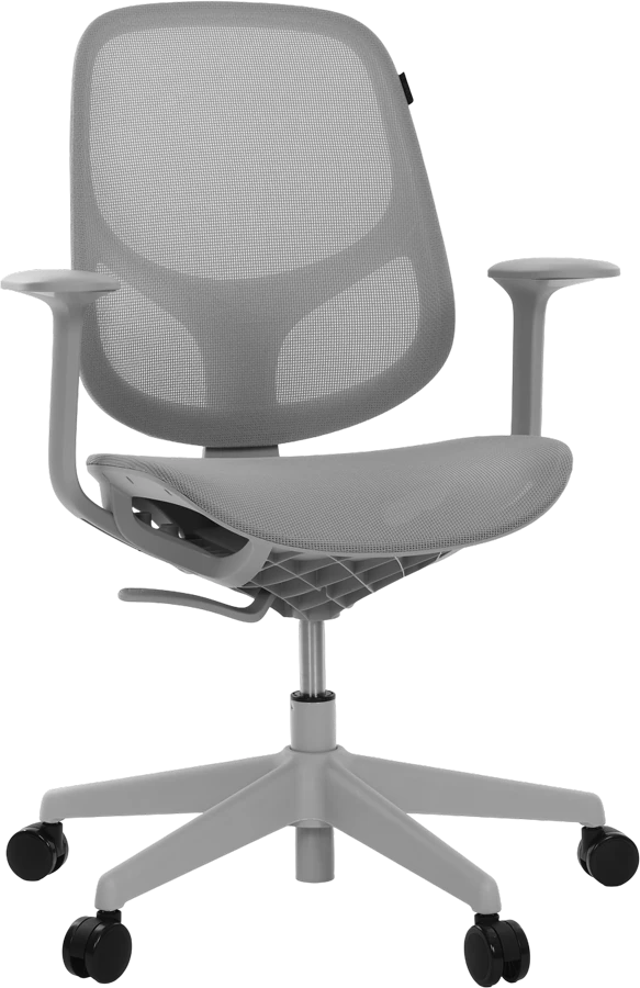 Cadeira Comfy Wiz montada, em tela mesh, com braços fixos e base de cinco pontas com rodízios.