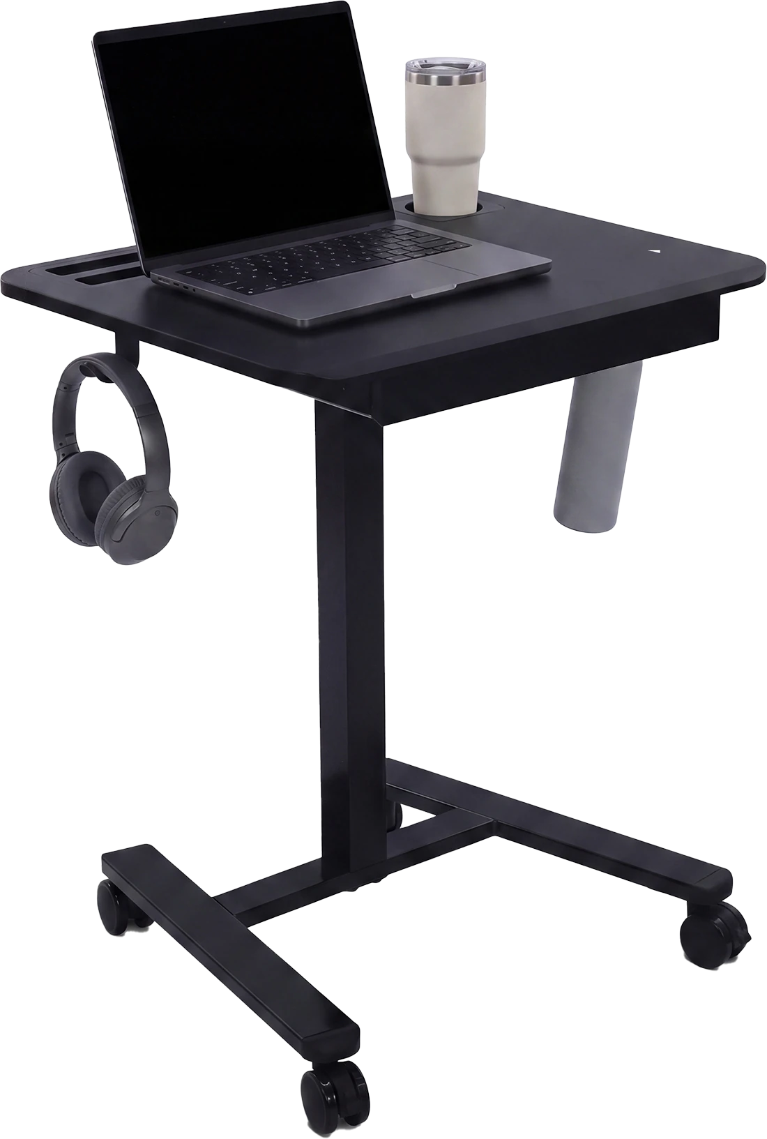 Mesa EasyDesk One montada, com tampo, coluna central e base com quatro rodízios.